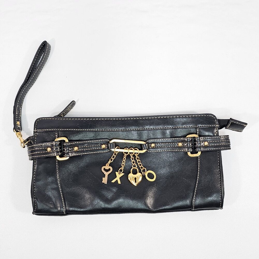 Y2K XOXO Black Vinyl Wristlet Clutch with Gold Key & Heart Charms